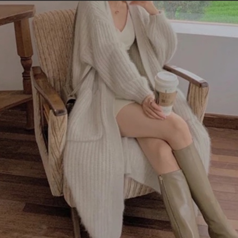 GORGEOUS Chunky Thick Oversized Long Over Knee Rib Tan Brush Soft Cardigan Coat - Picture 2 of 14
